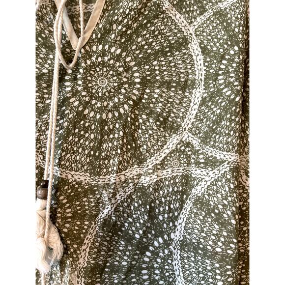 Wednesdays Give Back Boho Green Cream Tunic Mini Dress Womens Medium Bell Sleeve - Picture 6 of 6